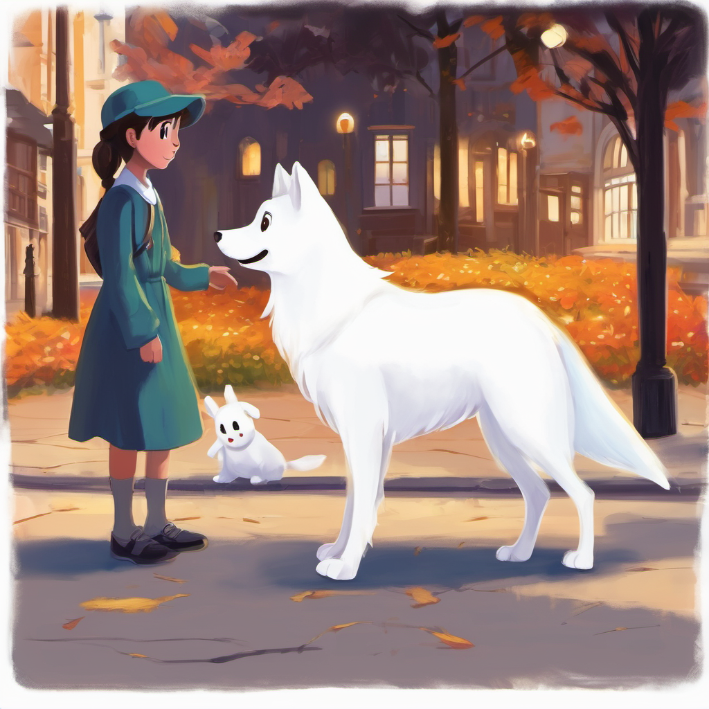 As Ghost wandered through the town, he saw a little girl named Lily playing alone in the park. Ghost mustered all his courage and approached her. Lily looked up in surprise and smiled when she saw Ghost. 'Hello, friendly ghost!' she exclaimed. 'Would you like to play with me?' Ghost couldn't believe his ears. He had found a human friend!