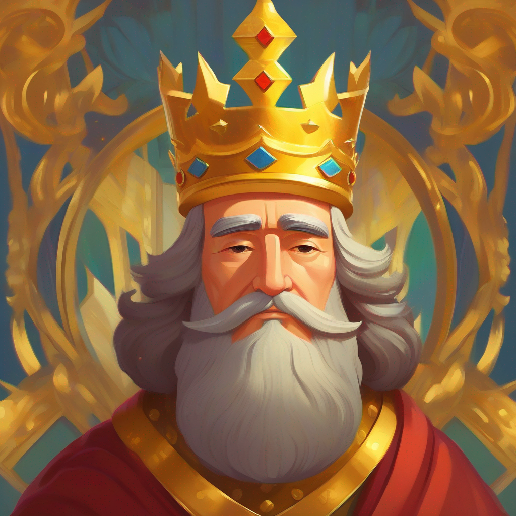 A peaceful Wise and just king, wearing a golden crown.dom with a wise and just king.