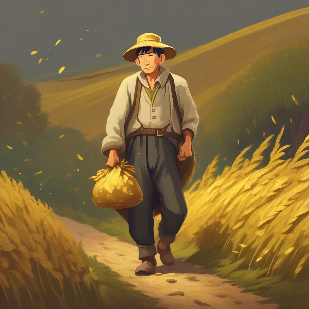 A poor Humble farmer, dressed in tattered clothes. with a sack of gold.