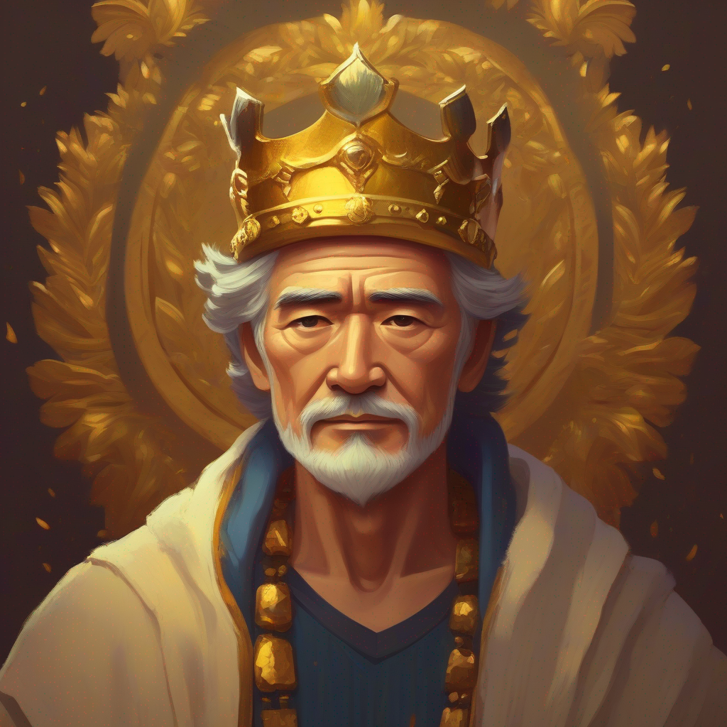 The Wise and just king, wearing a golden crown. rewards the Humble farmer, dressed in tattered clothes. for his honesty.