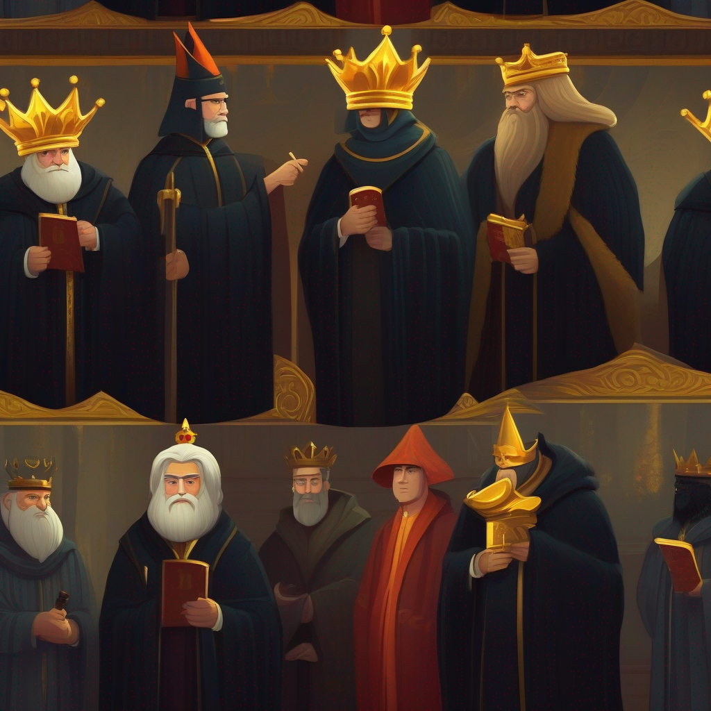Dishonest Dishonest advisors, dressed in dark robes. plotting against the Wise and just king, wearing a golden crown..