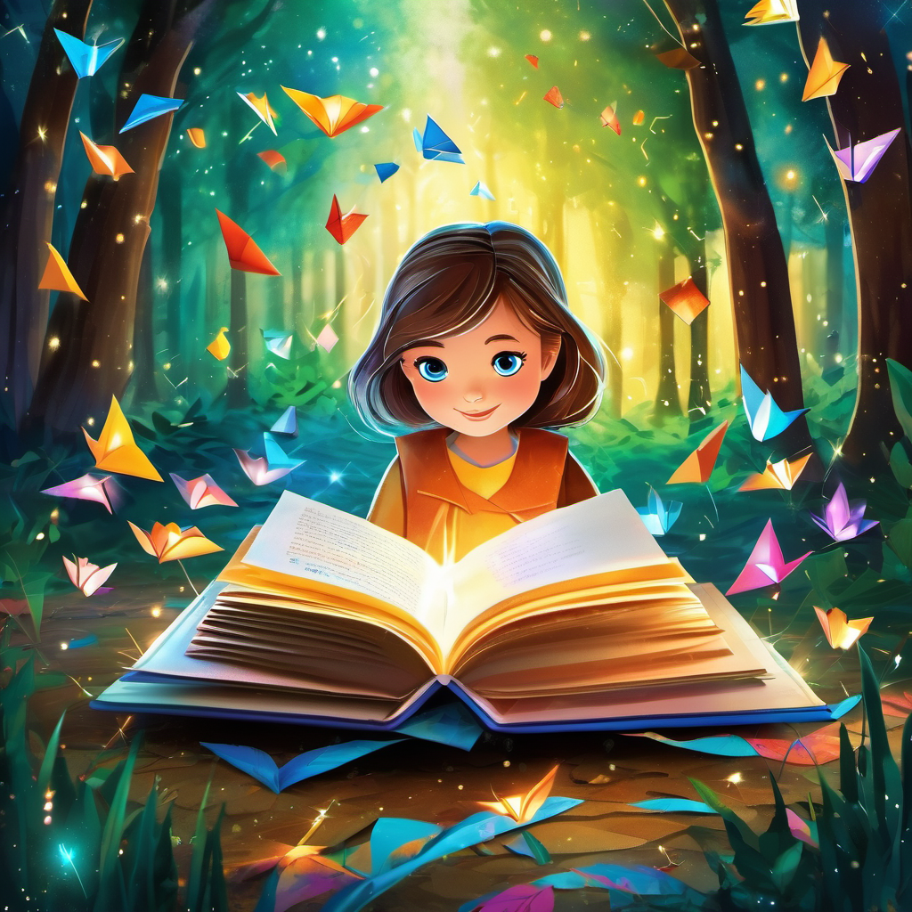In the forest, Lily is a little girl with brown hair and blue eyes found a magic The magic book has a shiny cover and glowing pages. She was surrounded by colorful sparks and could do amazing things.