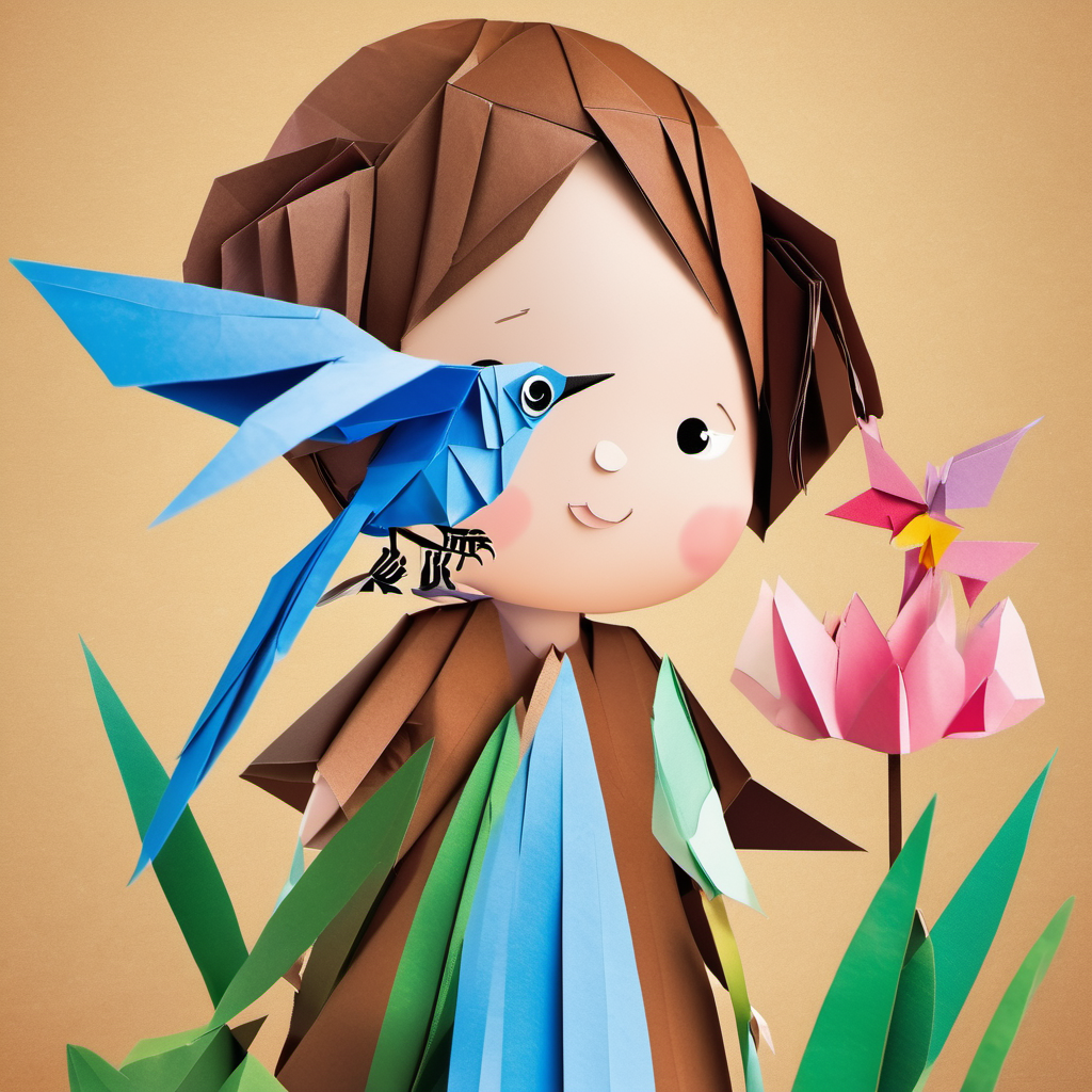 Lily is a little girl with brown hair and blue eyes helped a sad The bird is small and has colorful feathers with her magic finger and made its wing heal.