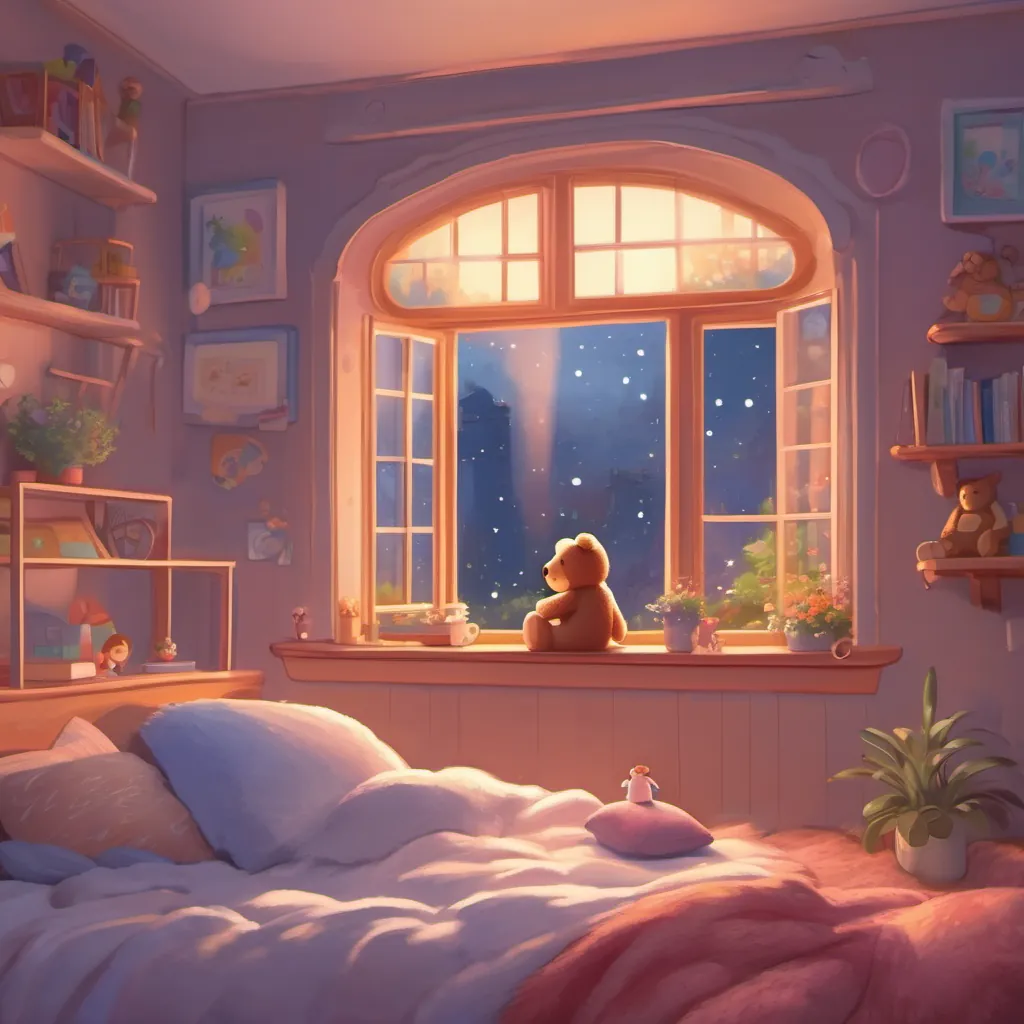 A cozy bedroom with twinkling stars visible through the window and a little girl snuggling with her teddy bear.