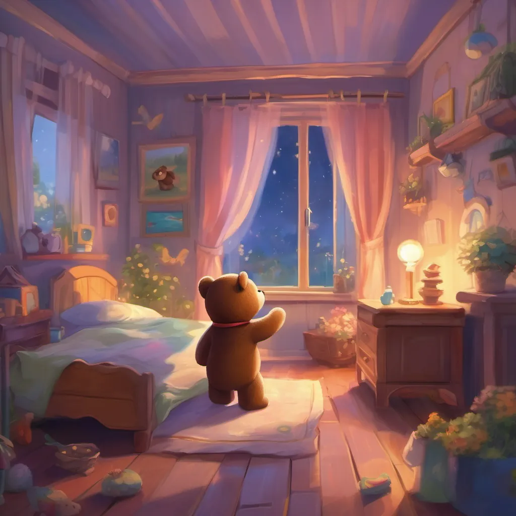 A teddy bear coming to life and energetically dancing around the bedroom as moonlight streams in.