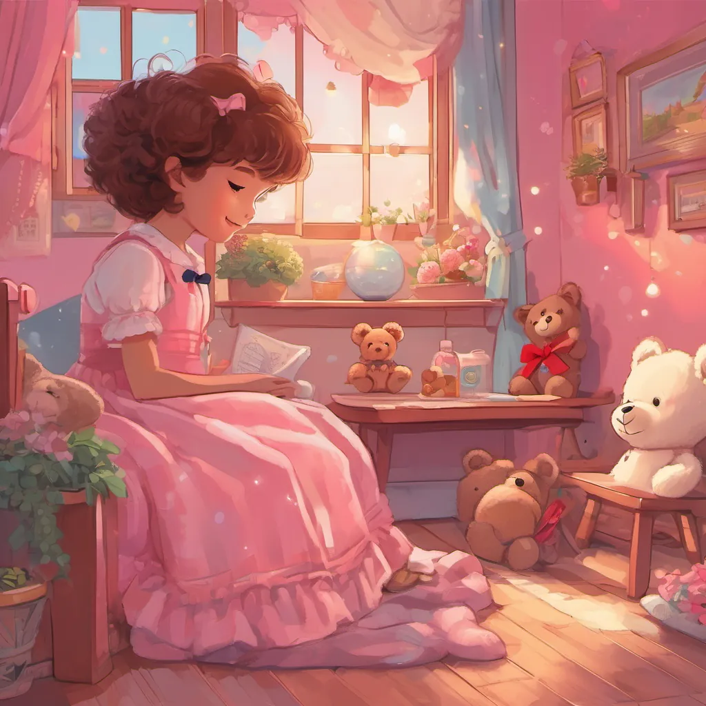 A pink-hued sky appearing at the break of dawn with A playful teddy bear with a bright smile and twinkling eyes, dressed in a little red bow tie looking longingly back towards A sweet little girl with curly hair sleeping softly next to her favorite teddy bear's room.