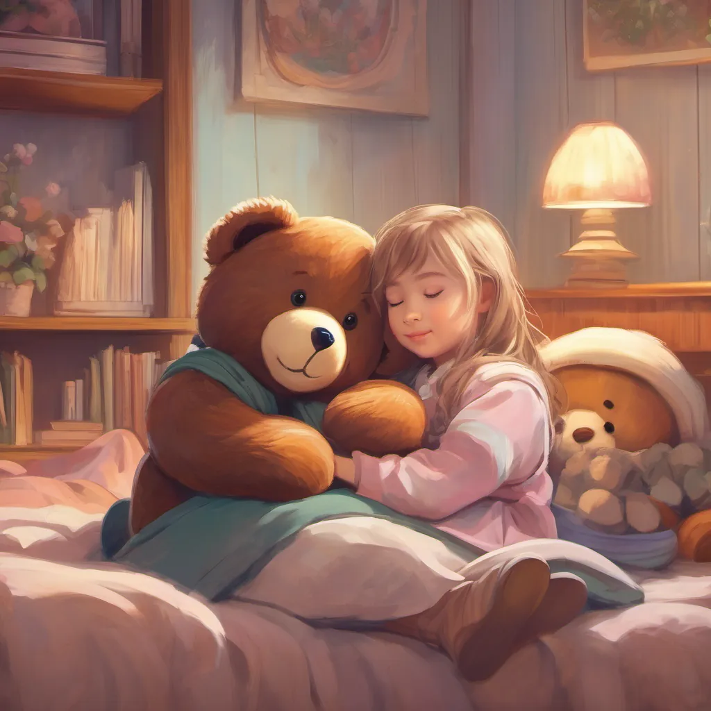 The teddy bear gently snuggling back next to the sleeping girl, with a hint of anticipation in his smile.