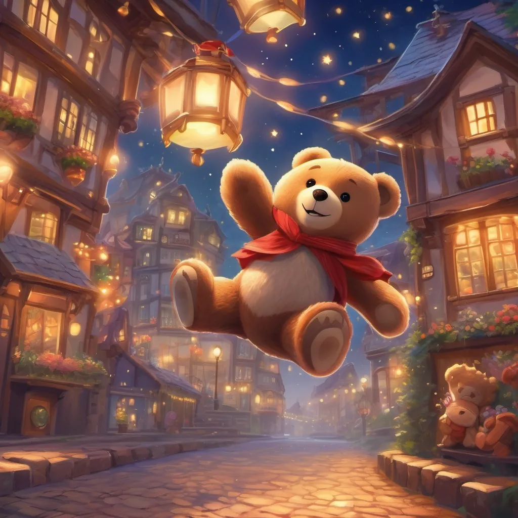 The teddy bear leaping joyfully with wide bright eyes amidst a visibly magical night atmosphere.