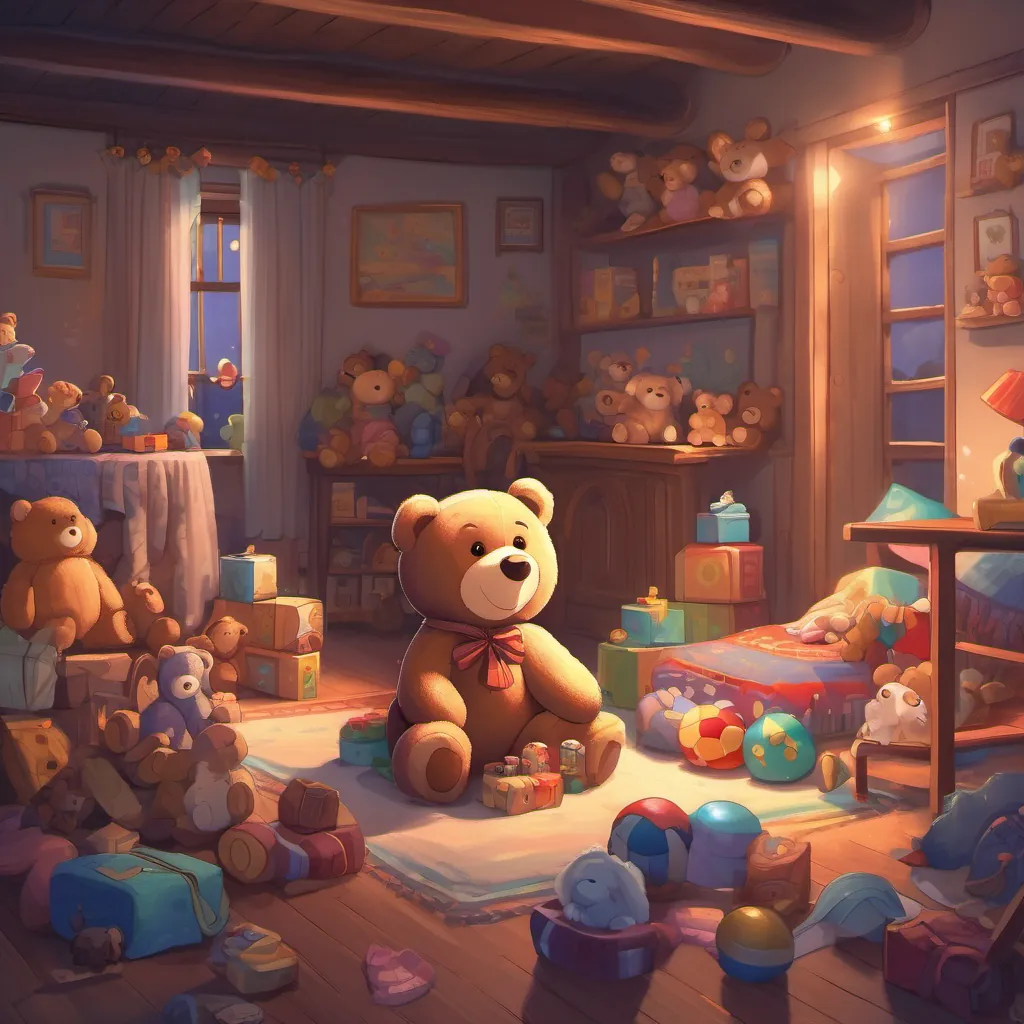 The teddy bear tiptoeing past a pile of toys, addressing them softly in a room dimly lit by moonlight.