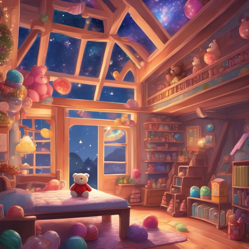 The room roof disappears to reveal a universe of candy-like stars before an amazed teddy bear.