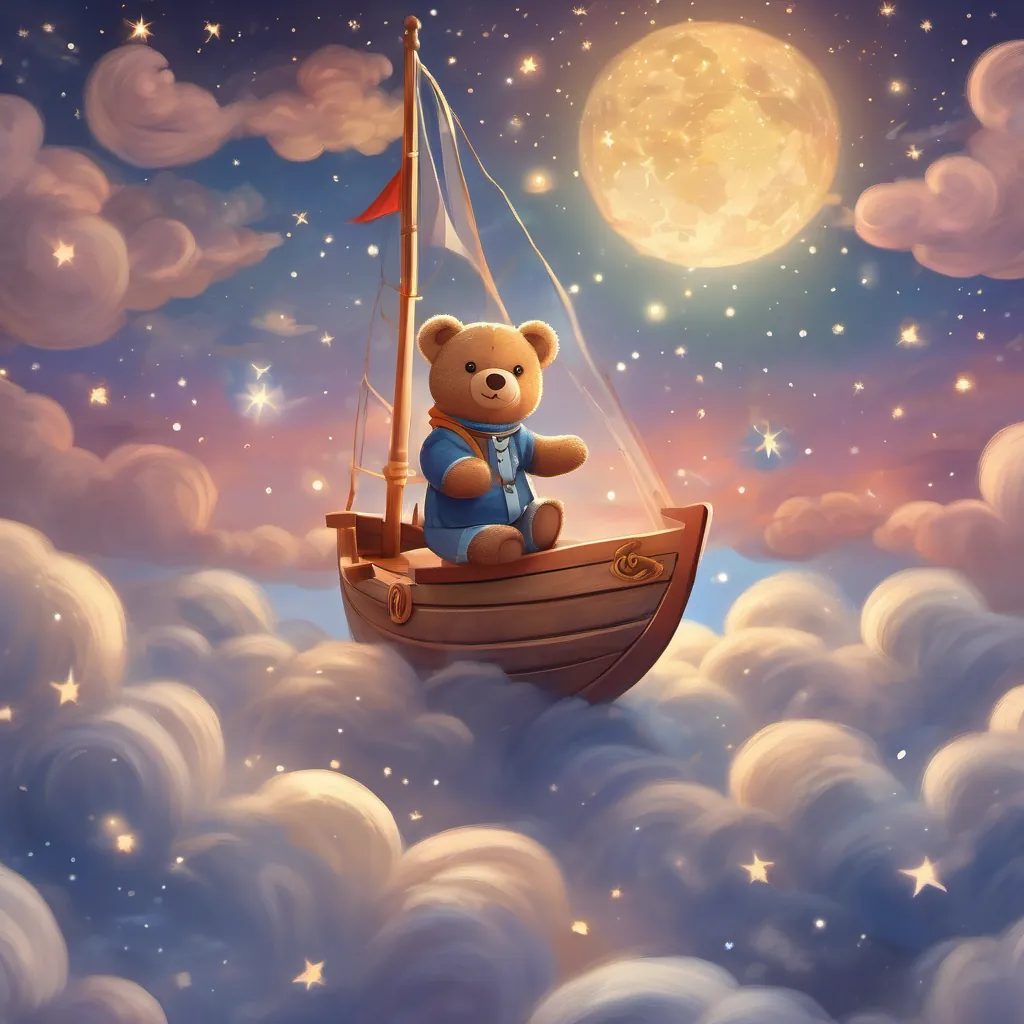 The teddy bear sailing through the starry sky on a soft fluffy cloud, trails of magic following him.