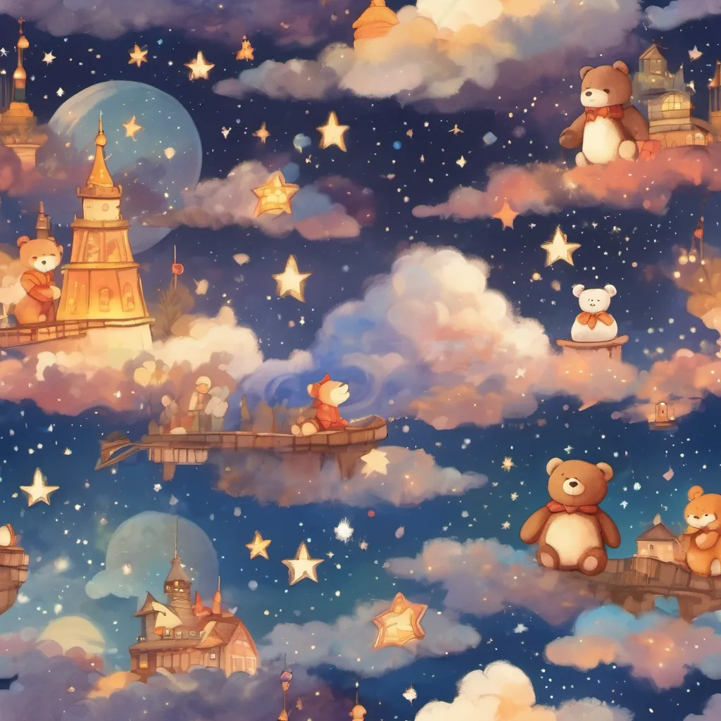 Stars above twinkling with laughter and creating patterns across the night sky around the joyous teddy.