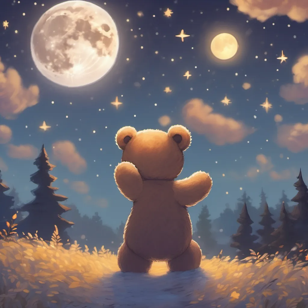 The teddy bear waving at a full, large, round moon silhouetted against the starry backdrop.