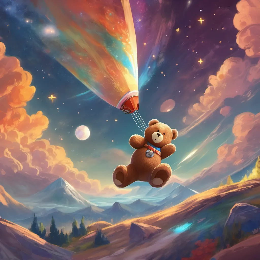 The teddy bear on a comet dashing through space, his face full of excitement and competitive spirit.