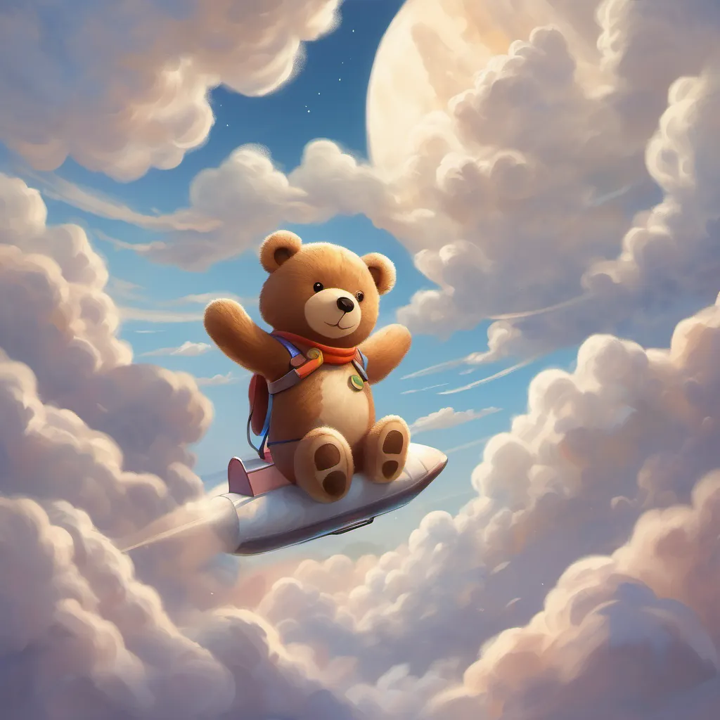 The teddy bear and a comet racing through fluffy white clouds high in the sky.