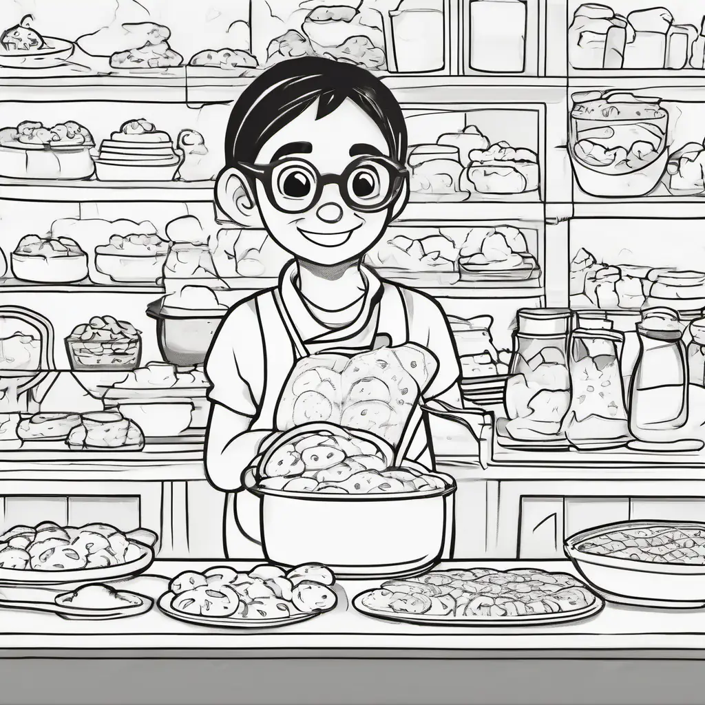 A math book with a smiley face, wearing glasses, with crumbs on his face, helps A baker wearing an apron, with flour on her hands with missing multiplication numbers and receives a plate of cookies.