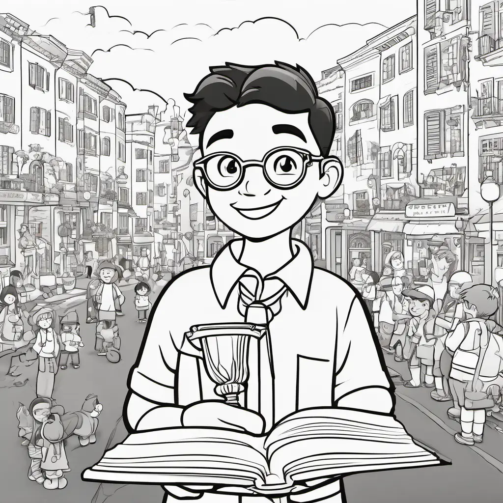 A math book with a smiley face, wearing glasses, smiling and holding a trophy, stands in Mathville with grateful townspeople.