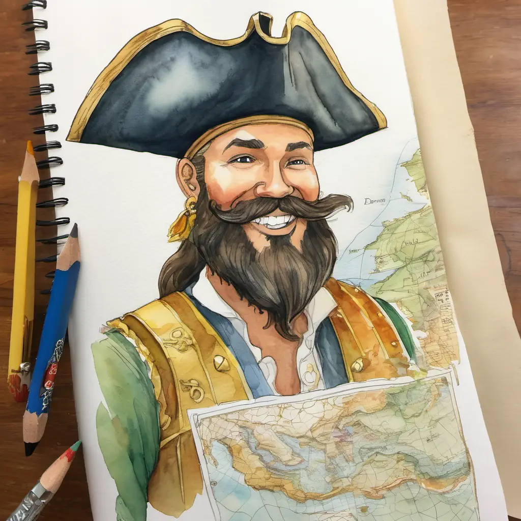 Page 1: A pirate with a big beard and a shiny gold earring holding a map with a big smile on his face