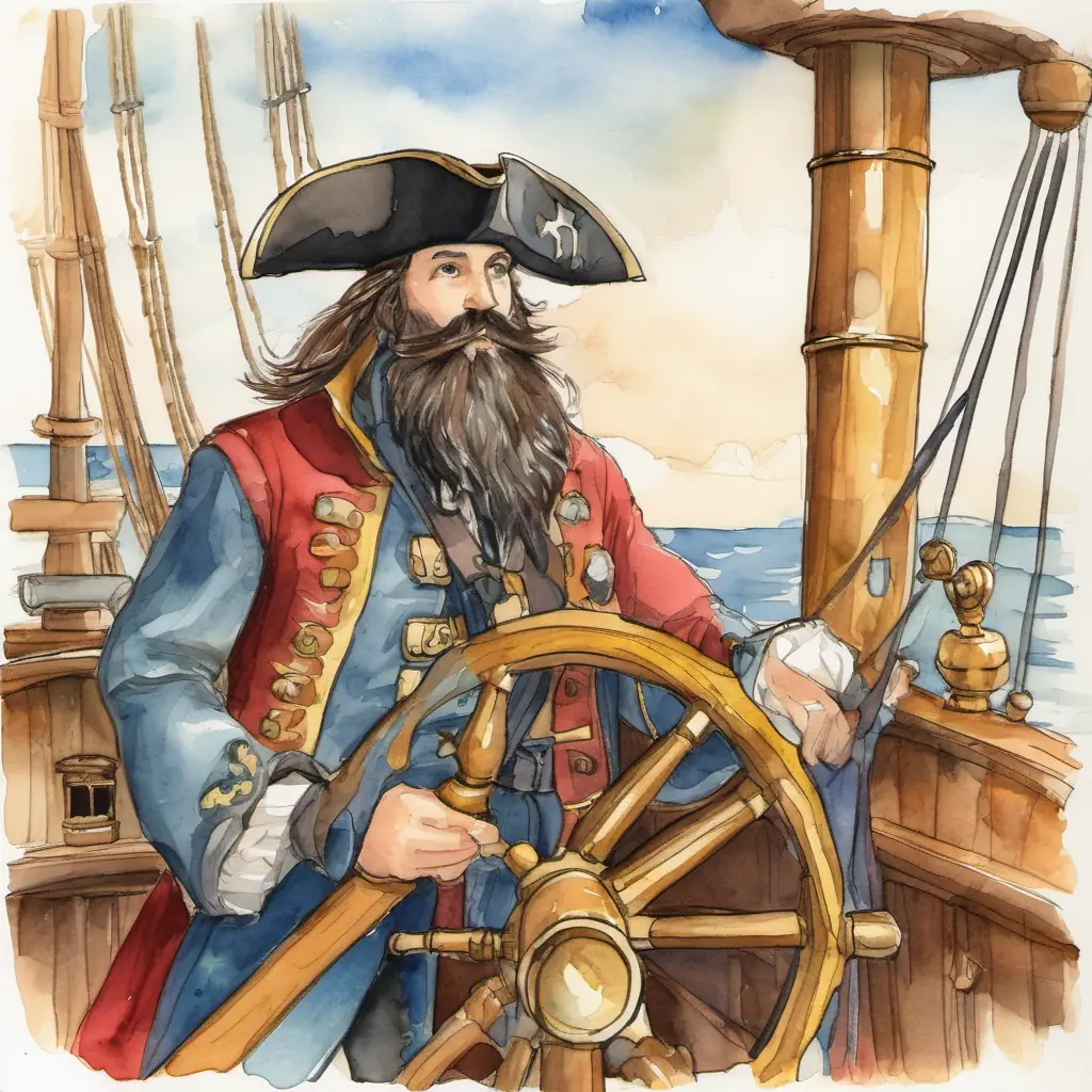 Page 2: A pirate with a big beard and a shiny gold earring looking through a telescope on his ship, with a big wooden steering wheel and a pirate flag on top