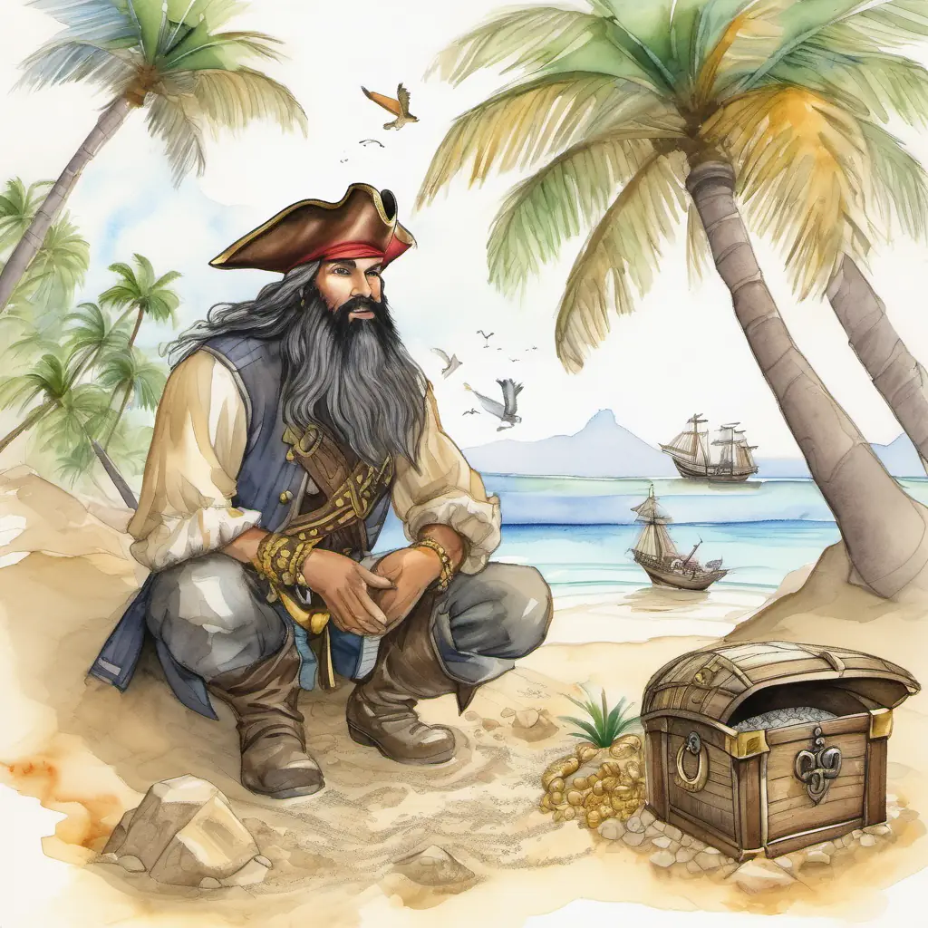 Page 3: A pirate with a big beard and a shiny gold earring digging in the sand on a beautiful island, with palm trees, birds, and a treasure chest buried nearby