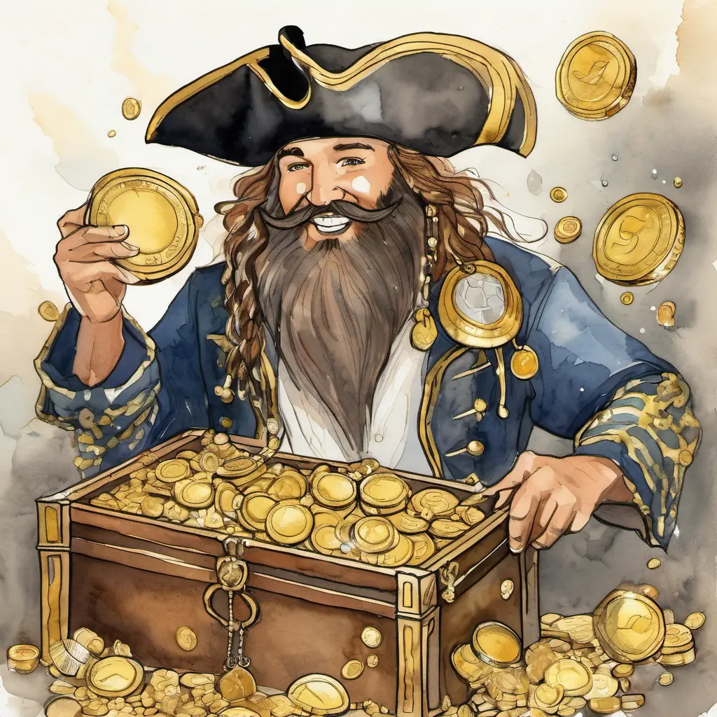 Page 4: A pirate with a big beard and a shiny gold earring holding up the treasure chest and smiling gleefully, with gold coins and jewels scattered around