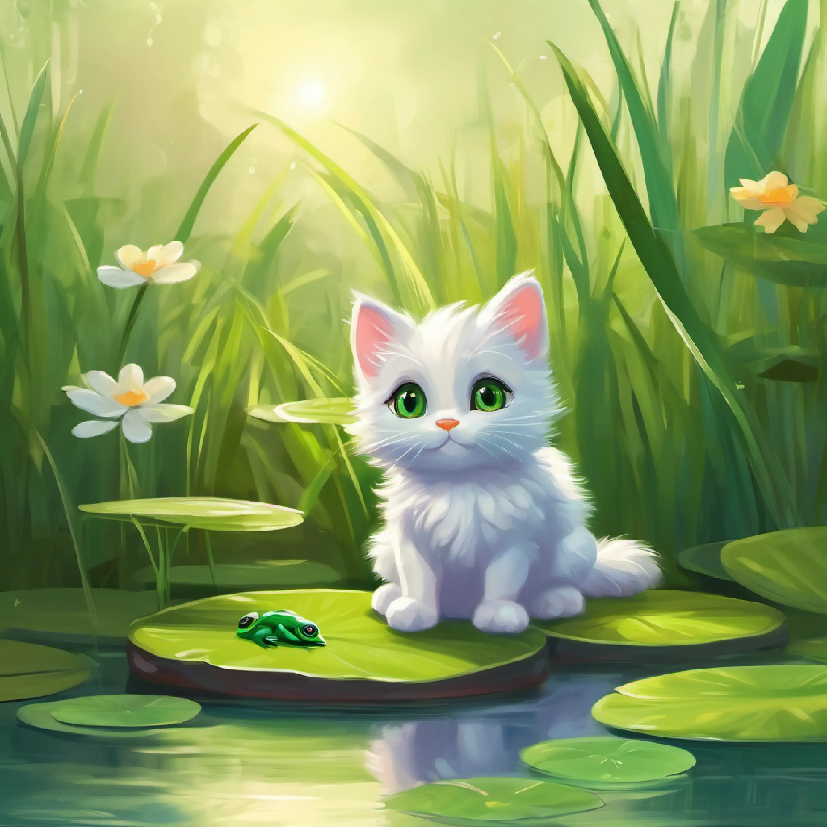 small fluffy kitten, green eyes makes a new friend, gentle frog, friendly eyes the frog, by the pond.