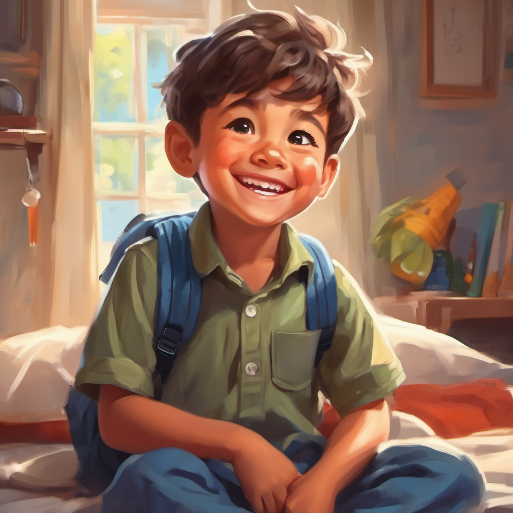 A brave little boy with a big smile. waking up and smiling, ready for school