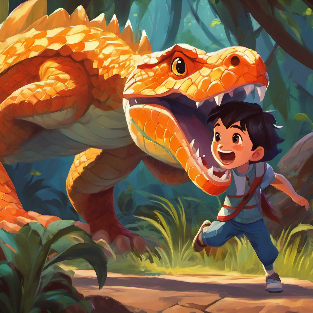 A brave little boy with a big smile. witnessing a A scary reptile with sharp teeth and scales. attacking the girlren