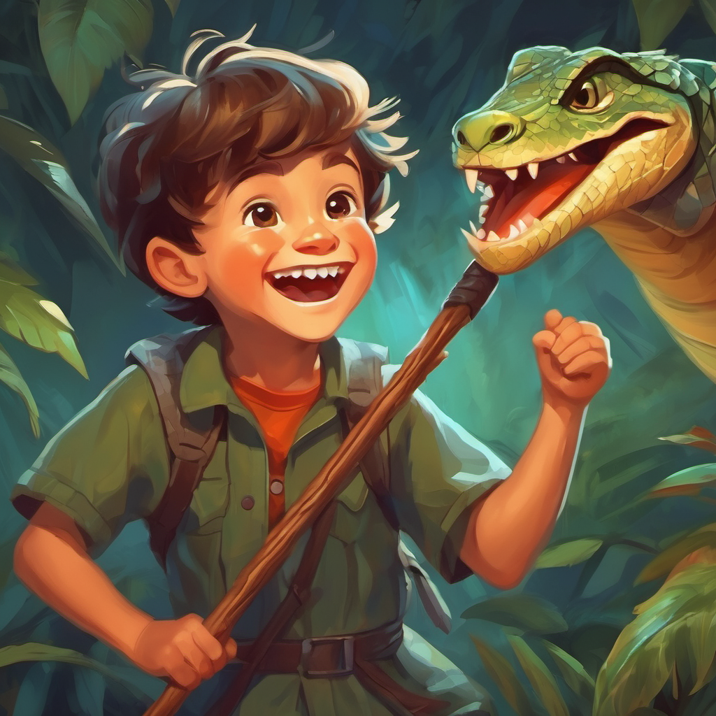 A brave little boy with a big smile. using a stick to hit the A scary reptile with sharp teeth and scales.