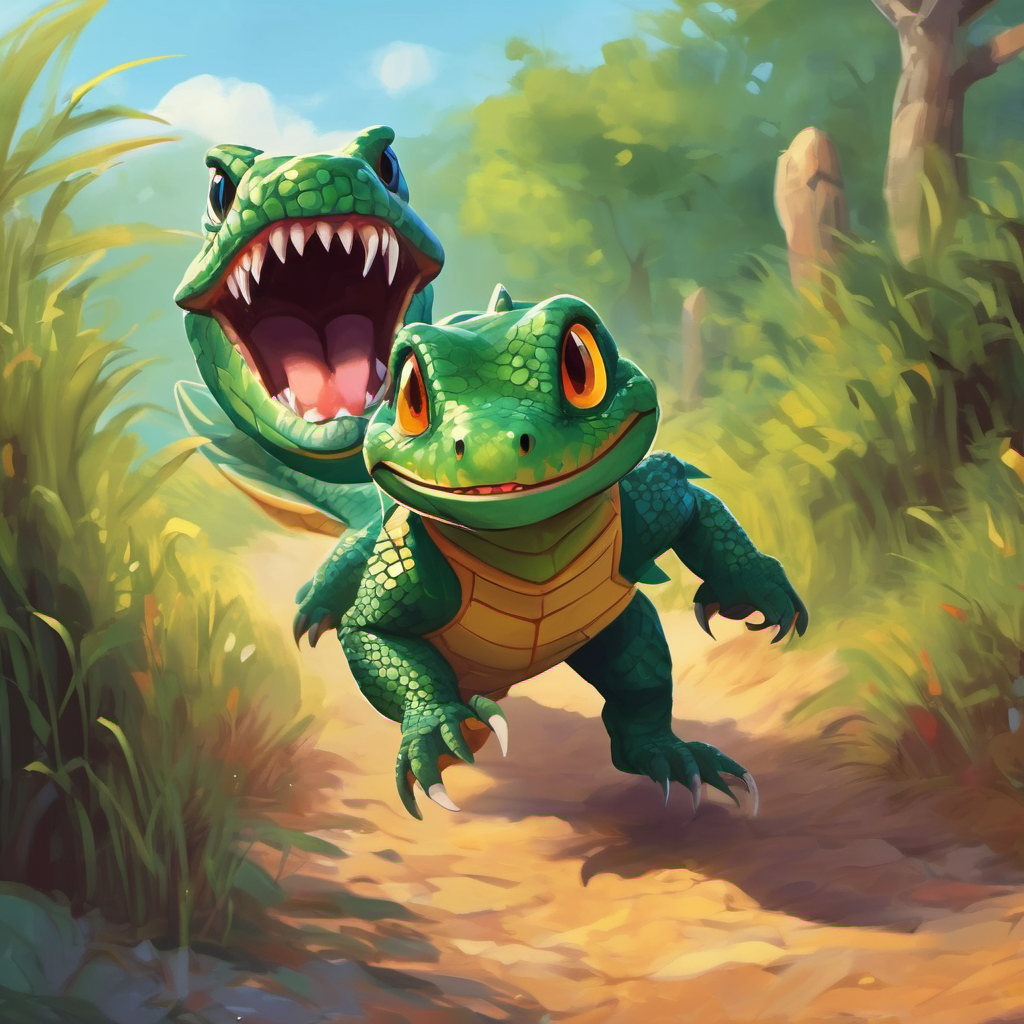 The A scary reptile with sharp teeth and scales. fleeing as A brave little boy with a big smile. saves the girlren