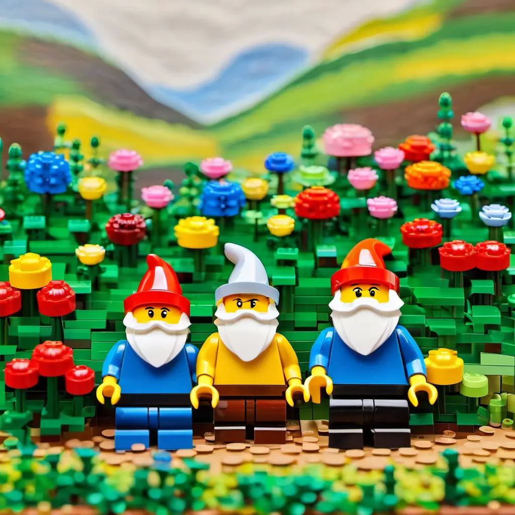 A colorful meadow with four gnomes standing together.