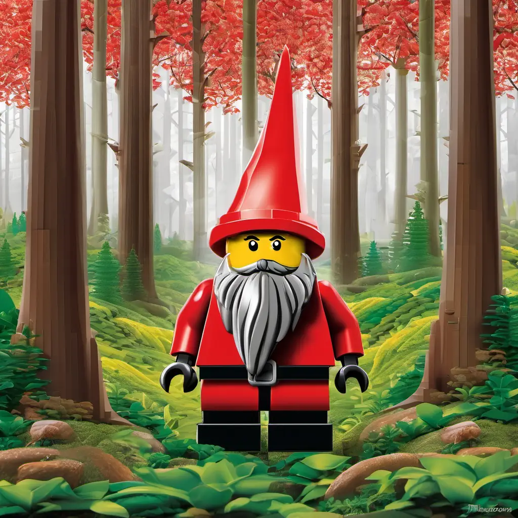 Number Red gnome, loves being alone, curious eyes, a red gnome, standing near a tall tree in the forest.