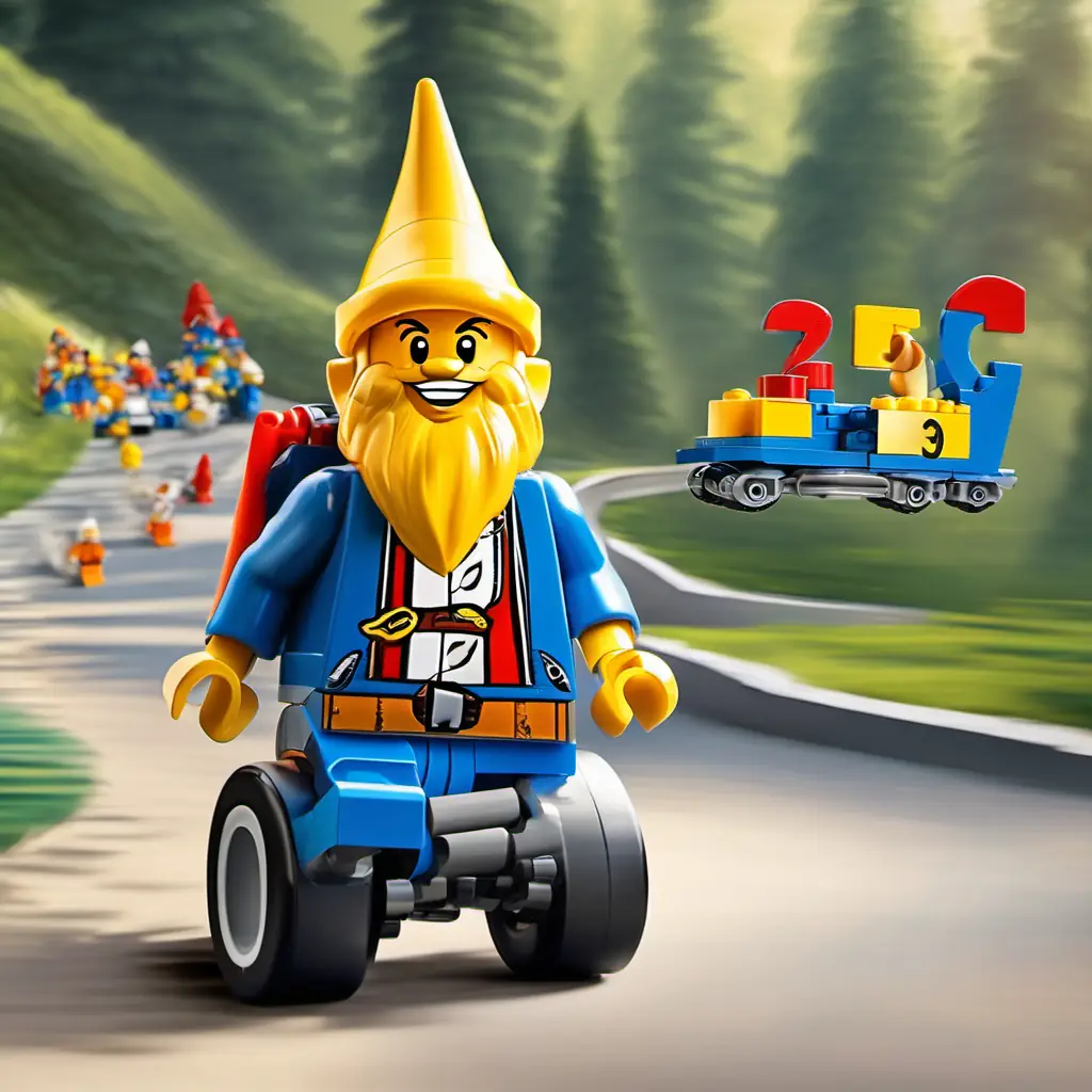 Number Speedy gnome, race car enthusiast, excited expression, a gnome with a race car, zooming around a track with Number Yellow and blue gnome, always holding hands, smiling face and Number Adventurous gnome, carries a backpack, mischievous grin.