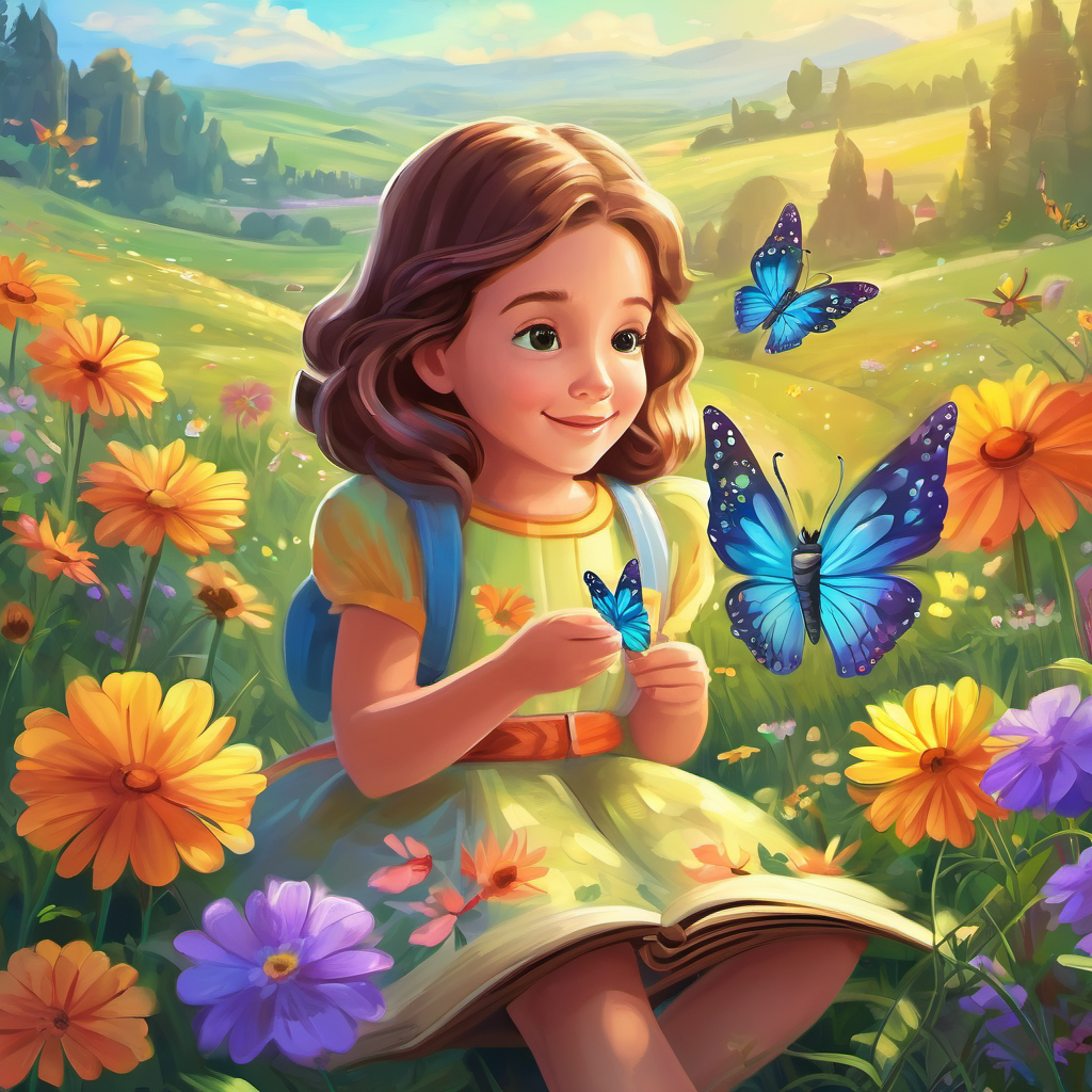 Once upon a time, in a land far, far away, there was a beautiful meadow filled with colorful flowers and buzzing bees. In this magical meadow, there lived a special creature known as a butterfly. This butterfly had enchanting wings that shimmered in all the colors of the rainbow. The butterfly's name was Bella, and she loved to explore the amazing world of butterflies. She would flutter from flower to flower, spreading joy and happiness wherever she went. One day, Bella decided to share her knowledge with her new friend, Emma, an inquisitive 8-year-old girl.