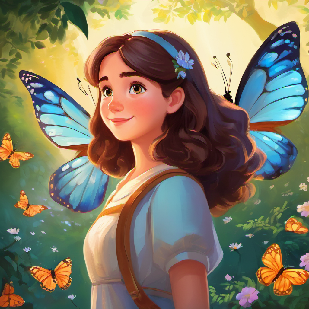 "Emma," Bella said, landing gently on her shoulder, "I want to show you the incredible world of butterflies!" Emma's eyes sparkled with excitement as Bella began her exploration.