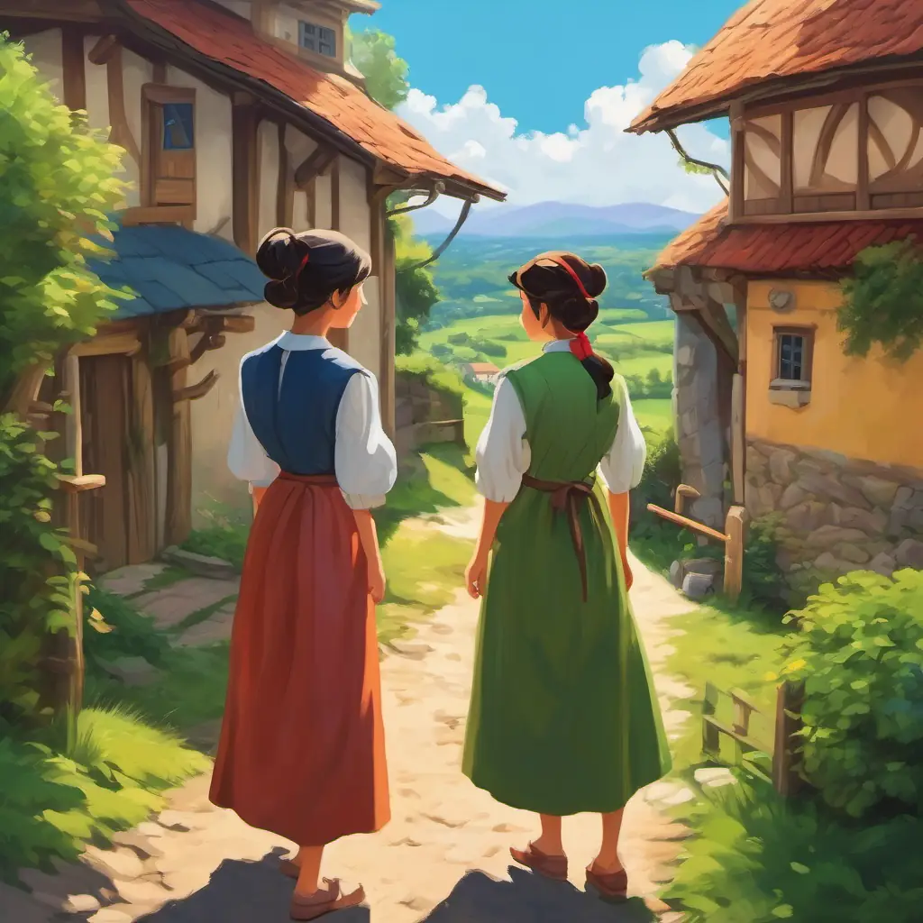 The story takes place in a peaceful village. Two women with different colored clothes are arguing.