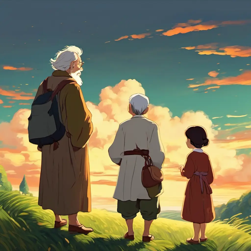 A wise old man arrives and talks to the two women while the child watches.