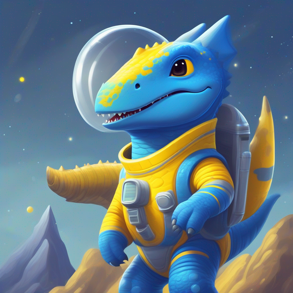 A friendly dinosaur with yellow skin, wearing a blue spacesuit. building a rocket and flying into space. Colors: blue, yellow, gray.