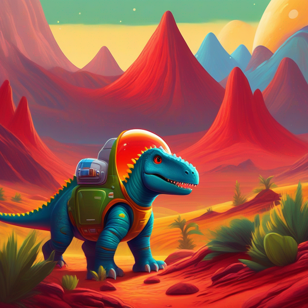 A friendly dinosaur with yellow skin, wearing a blue spacesuit. exploring a red planet with tall mountains. Colors: red, brown, green.