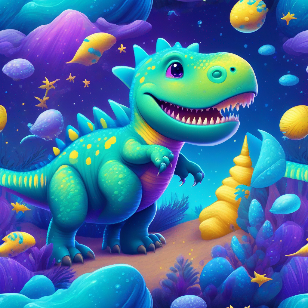 A friendly dinosaur with yellow skin, wearing a blue spacesuit. seeing sea creatures in a planet with sparkling blue water. Colors: blue, turquoise, purple.