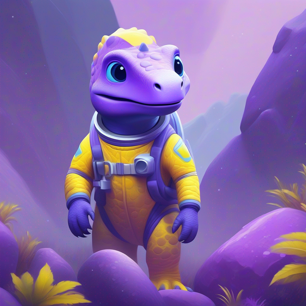 A friendly dinosaur with yellow skin, wearing a blue spacesuit. in a foggy planet with purple rocks, solving puzzles. Colors: purple, gray, foggy white.