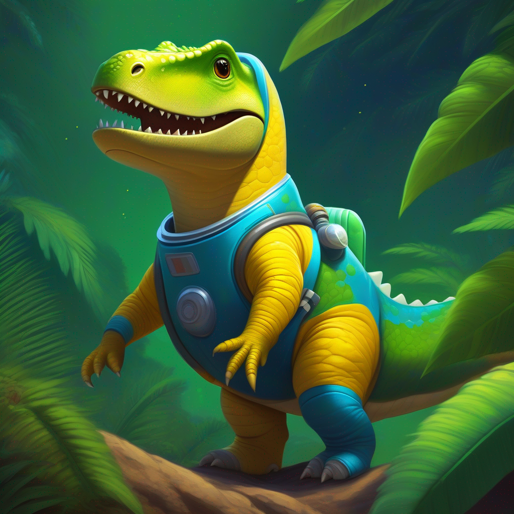 A friendly dinosaur with yellow skin, wearing a blue spacesuit. back on Earth with his friends, feeling proud and celebrated. Colors: green, brown, yellow.