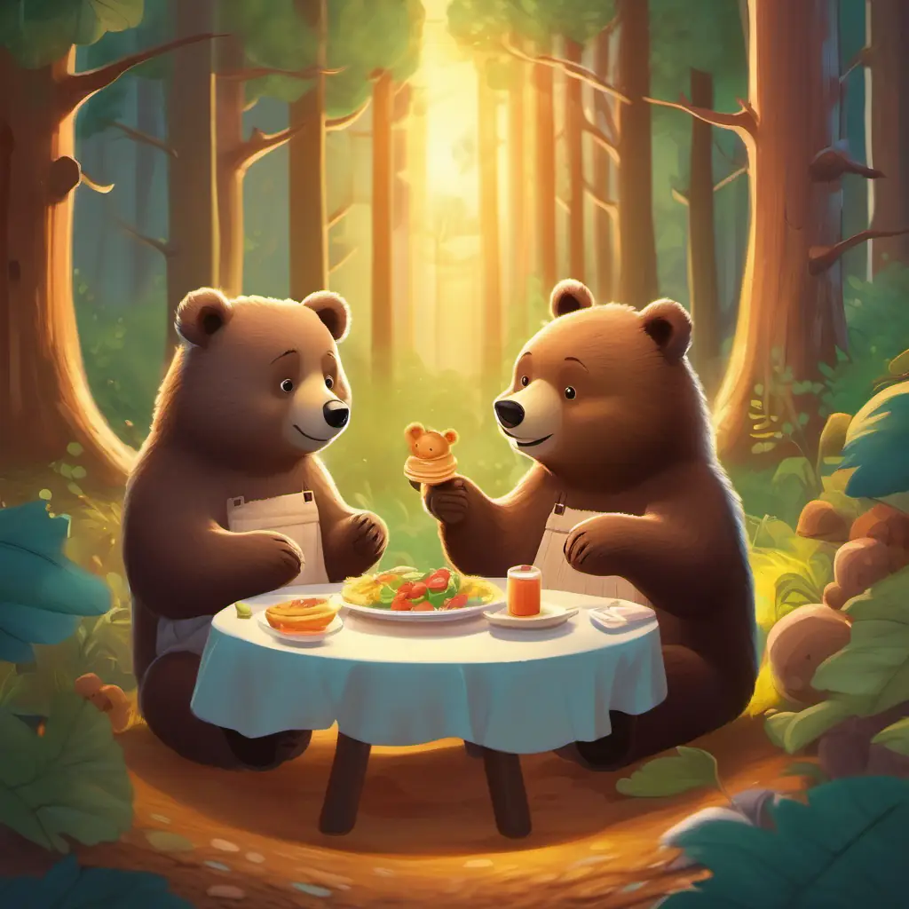 Introduction - Little bear in a cozy forest with loving parents, enjoying his favorite meal.