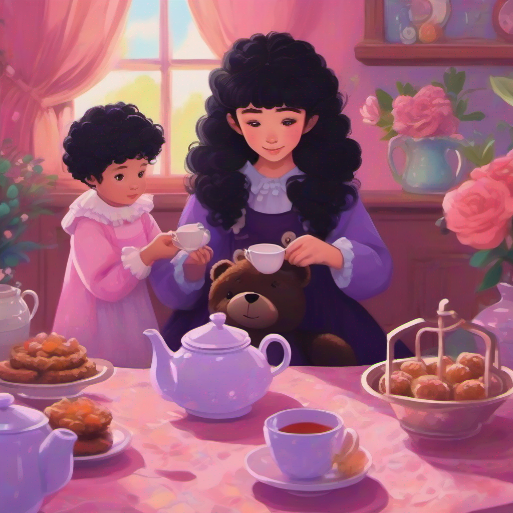 Tea party with new friend Curly black hair, teddy bear at Mrs. Thompson's house, colors: pink, purple