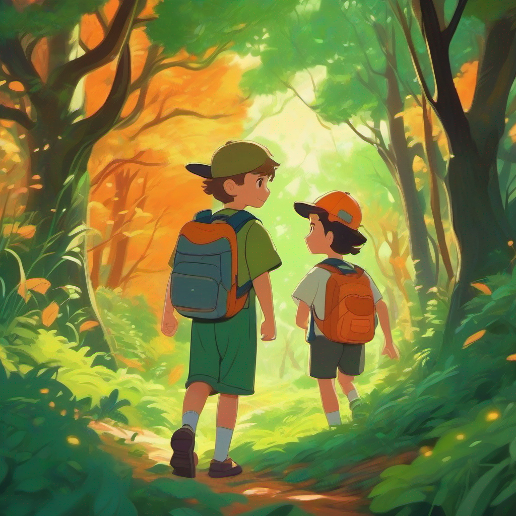 Friends exploring the magical forest, colors: green, orange