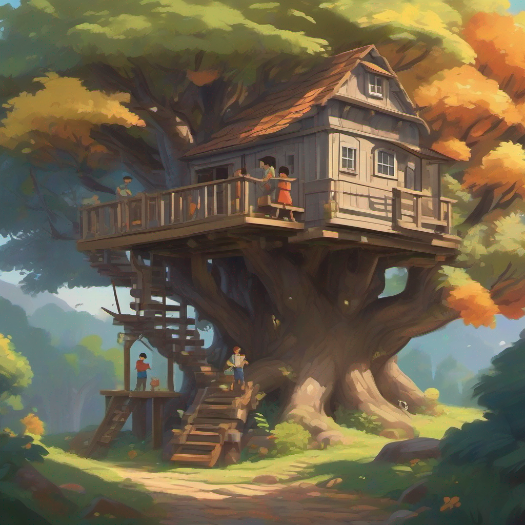 Friends fixing their treehouse, colors: gray, brown