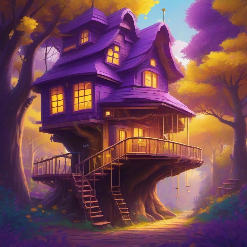 Friends enjoying their new and improved treehouse, colors: purple, yellow