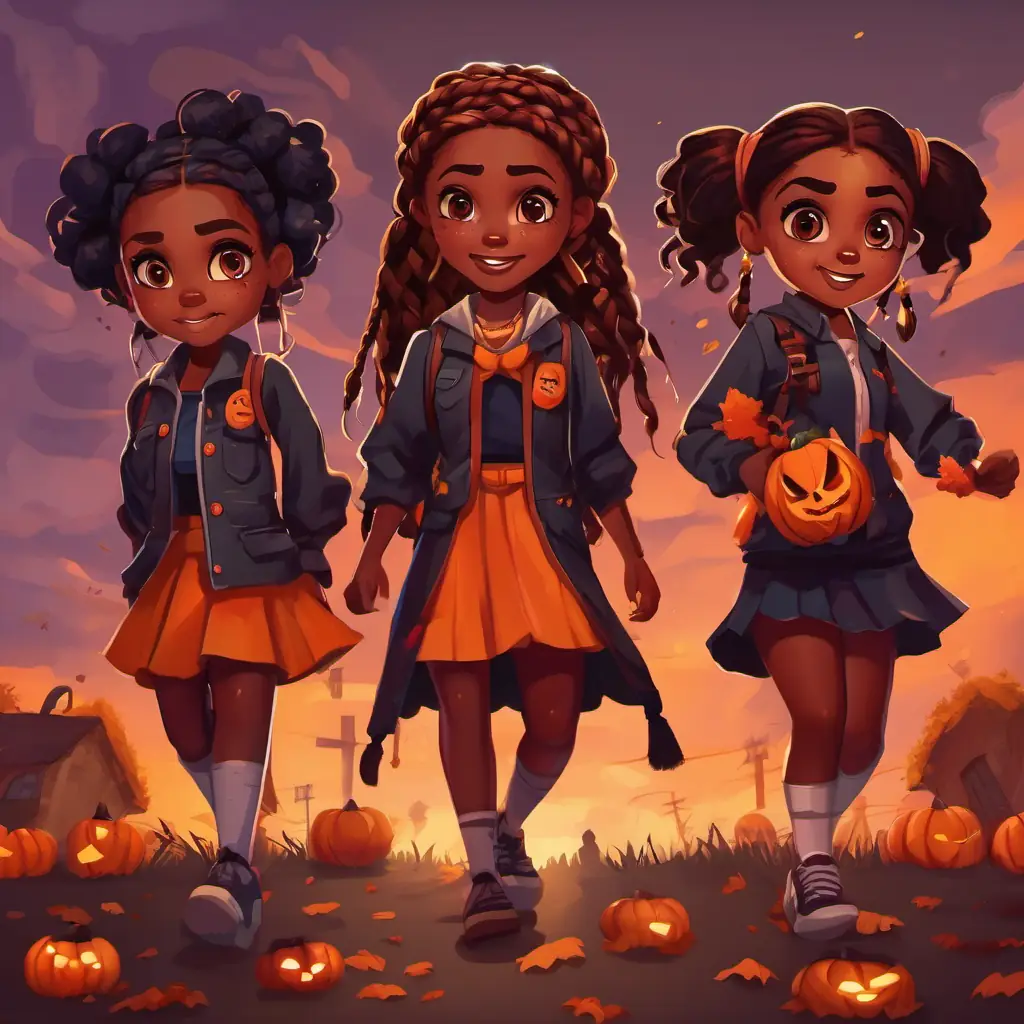 African American girl with braids, brown eyes and her squad, zombie cheer squad, Halloween approaching