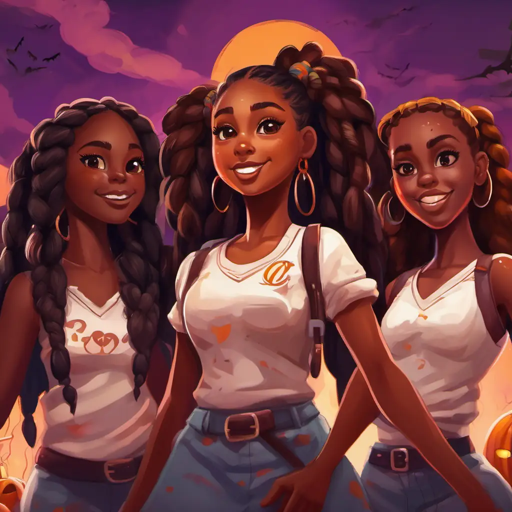 African American girl with braids, brown eyes and her squad, zombie cheer squad, Halloween night