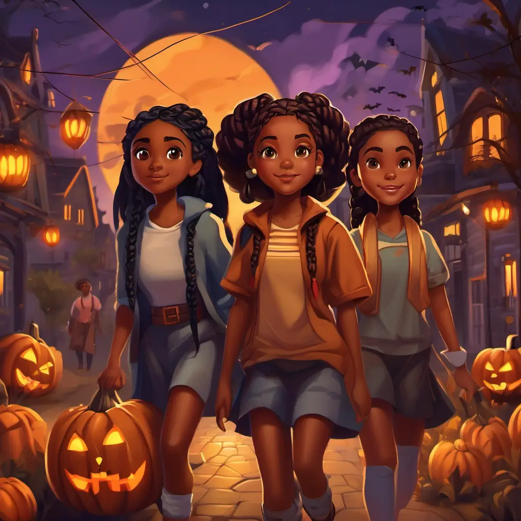 African American girl with braids, brown eyes and her squad practicing, Halloween night, town gathering